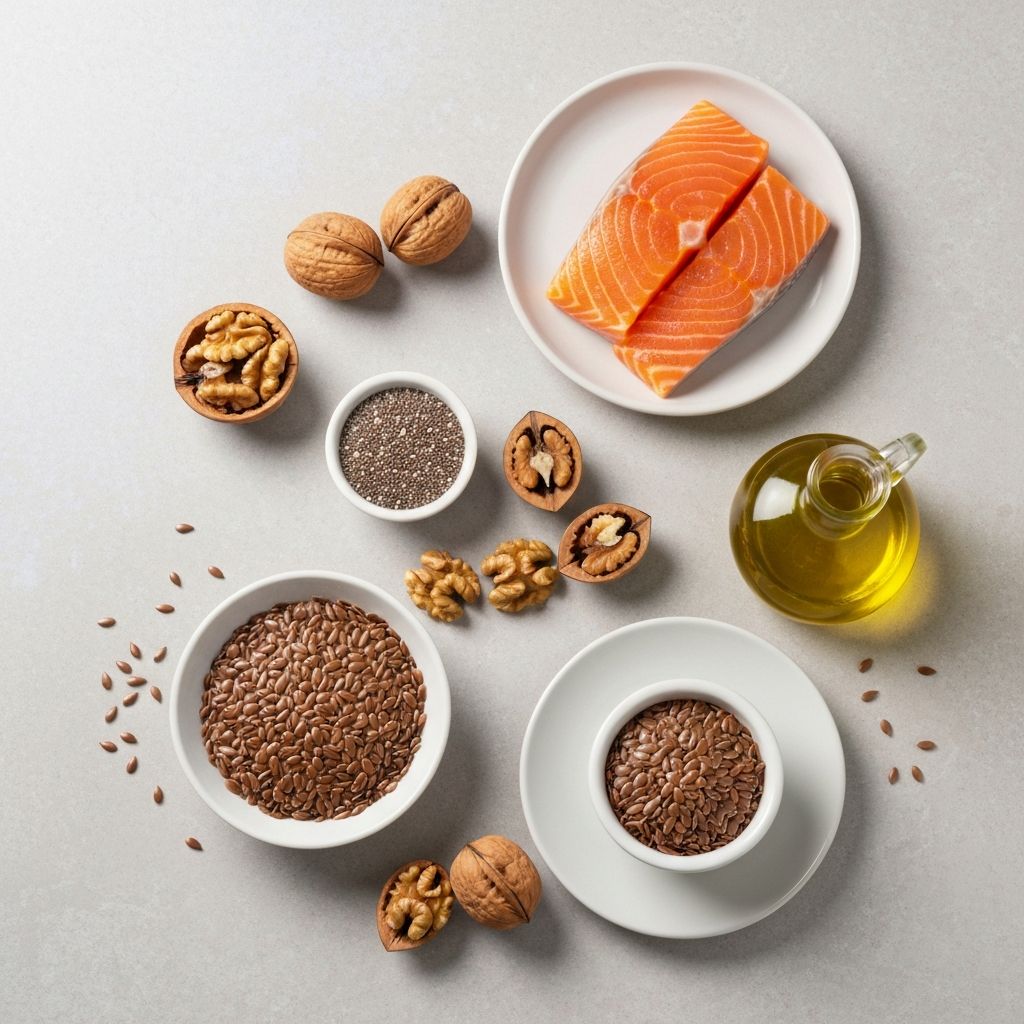 Essential fatty acid sources including salmon, walnuts, and chia seeds