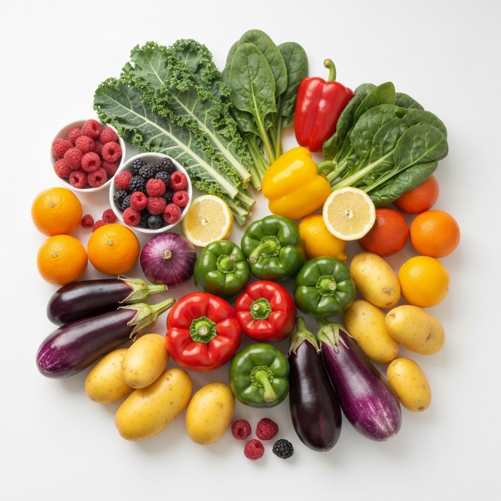 Colorful micronutrient-rich foods including berries, leafy greens, and citrus